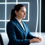 A thoughtful professional woman in a modest business suit, sitting calmly at a sleek modern desk in a minimalist office. Behind her, subtle, abstract light patterns hint at digital interfaces and blurred, non-explicit shapes symbolizing external scrutiny. The scene conveys a sense of quiet resilience amidst public observation. She has perfect anatomy, correct proportions, a natural pose, and well-formed hands with proper finger count. The image should be safe for work, appropriate content, fully clothed, and professional. High-quality professional photography, detailed, cinematic lighting.