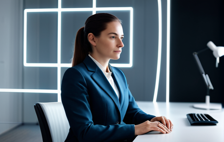 A thoughtful professional woman in a modest business suit, sitting calmly at a sleek modern desk in a minimalist office. Behind her, subtle, abstract light patterns hint at digital interfaces and blurred, non-explicit shapes symbolizing external scrutiny. The scene conveys a sense of quiet resilience amidst public observation. She has perfect anatomy, correct proportions, a natural pose, and well-formed hands with proper finger count. The image should be safe for work, appropriate content, fully clothed, and professional. High-quality professional photography, detailed, cinematic lighting.