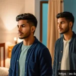 Home 16 드라마 뷰티 인사이드 변신과 사랑의 메시지 - A thoughtful young Latin American man standing in front of a large mirror in a cozy, warmly lit bedr...