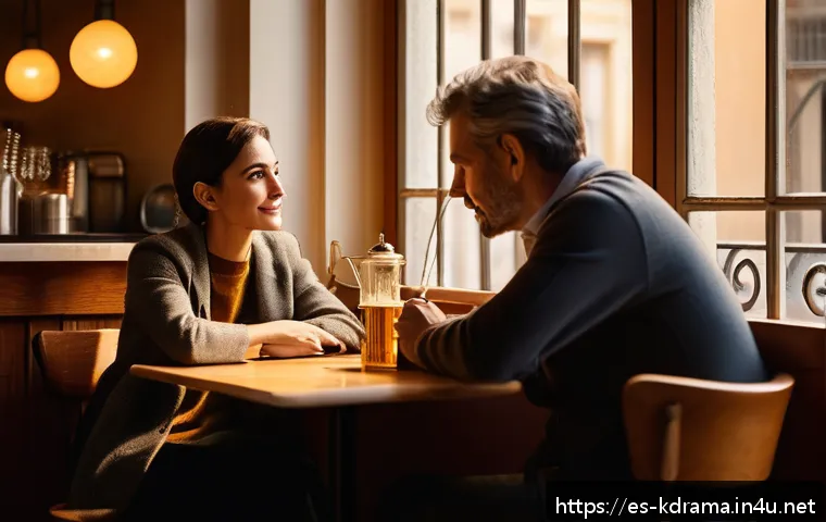 드라마 눈이 부시게 시간의 역설과 감정적 여운 - A warm, intimate scene of two adults having a sincere, slow-paced conversation in a cozy Spanish caf...