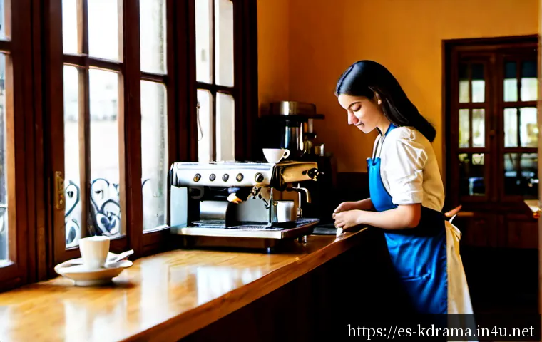 드라마  커피프린스 1호점  레트로 인기 재조명 - Photorealistic nostalgic late-2000s independent coffee shop in Madrid, warm wooden counter, vintage ...