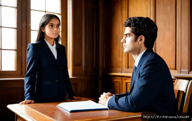 Home 17 드라마 너의 목소리가 들려 초능력과 법정 드라마의 조화 - Photorealistic Spanish courtroom drama scene, a thoughtful young female attorney in a tailored navy ...