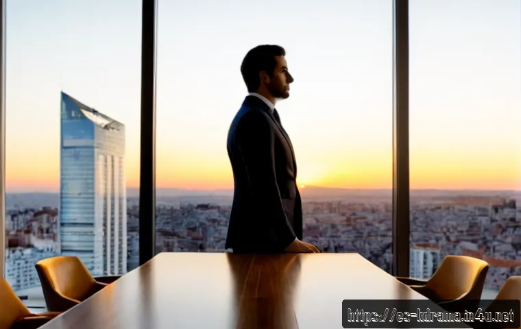 드라마  재벌집 막내아들  회귀물과 기업 이야기 - Photorealistic cinematic scene of a young Spanish corporate strategist in a tailored navy suit stand...